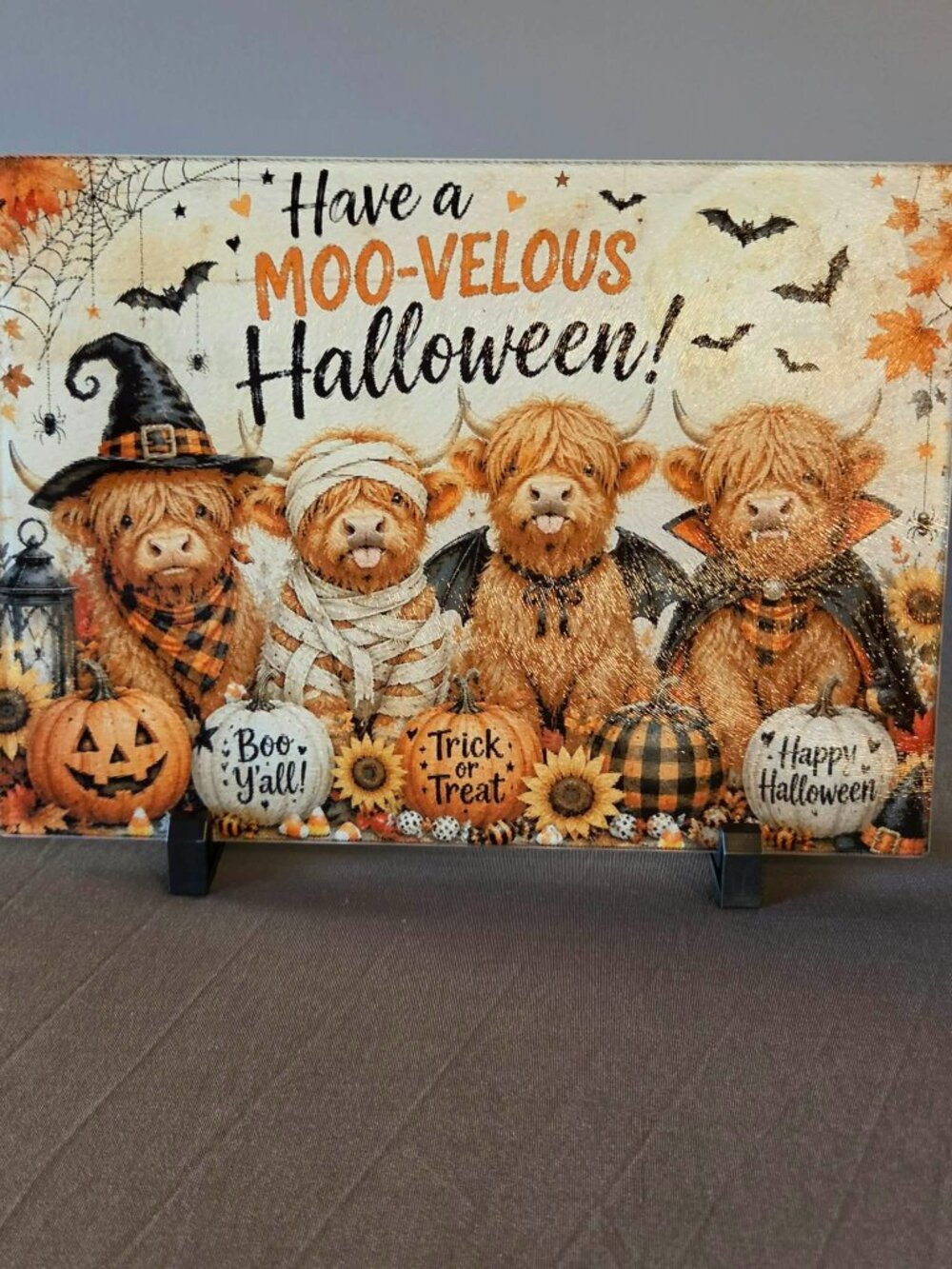 Highland Cow Halloween Glass Cutting Board 8x11 Moo-velous